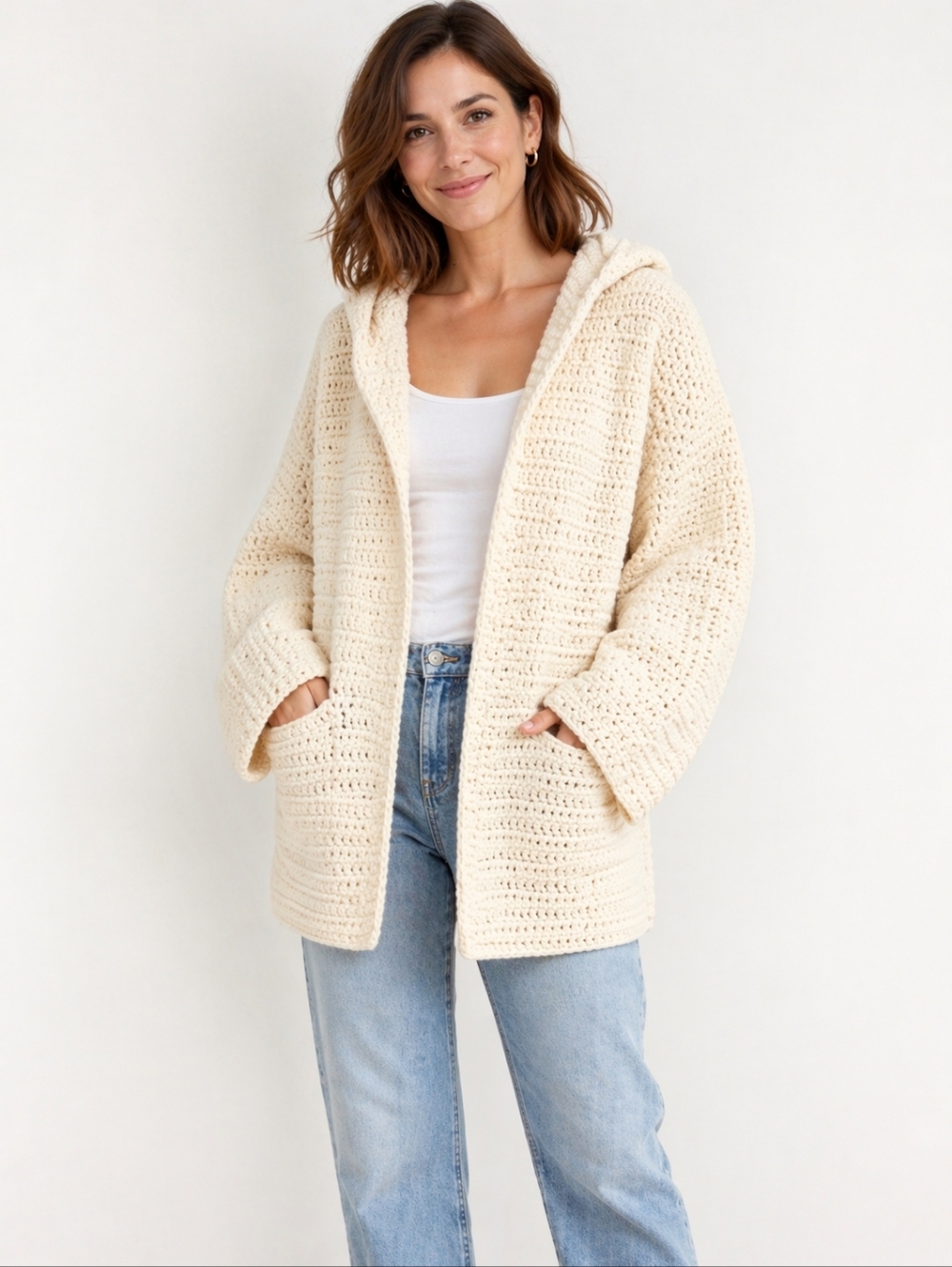 Cream Hand Crochet Open Front Cardigan Sweater Jacket Boho Chunky Knit Open Size